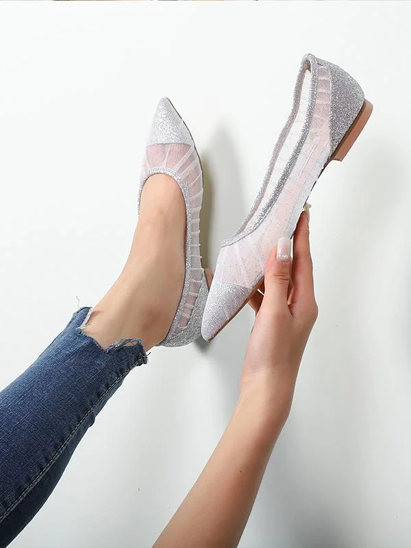 Fashion flat pointed toe low-heel pleated highlights net shoes