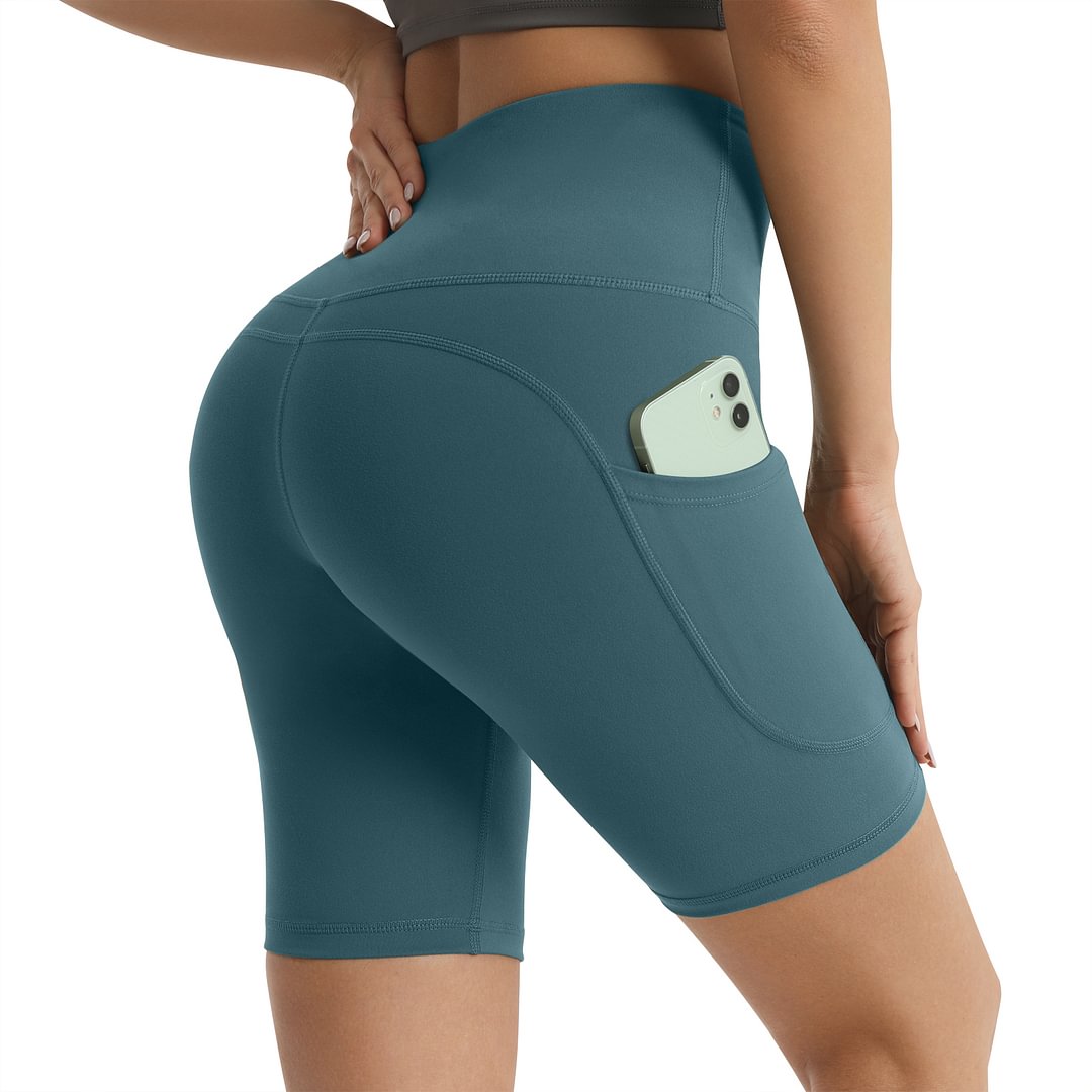 UUE Women's Short Yoga High Waist Side Pocket Compression Sports Shorts-Steel Blue