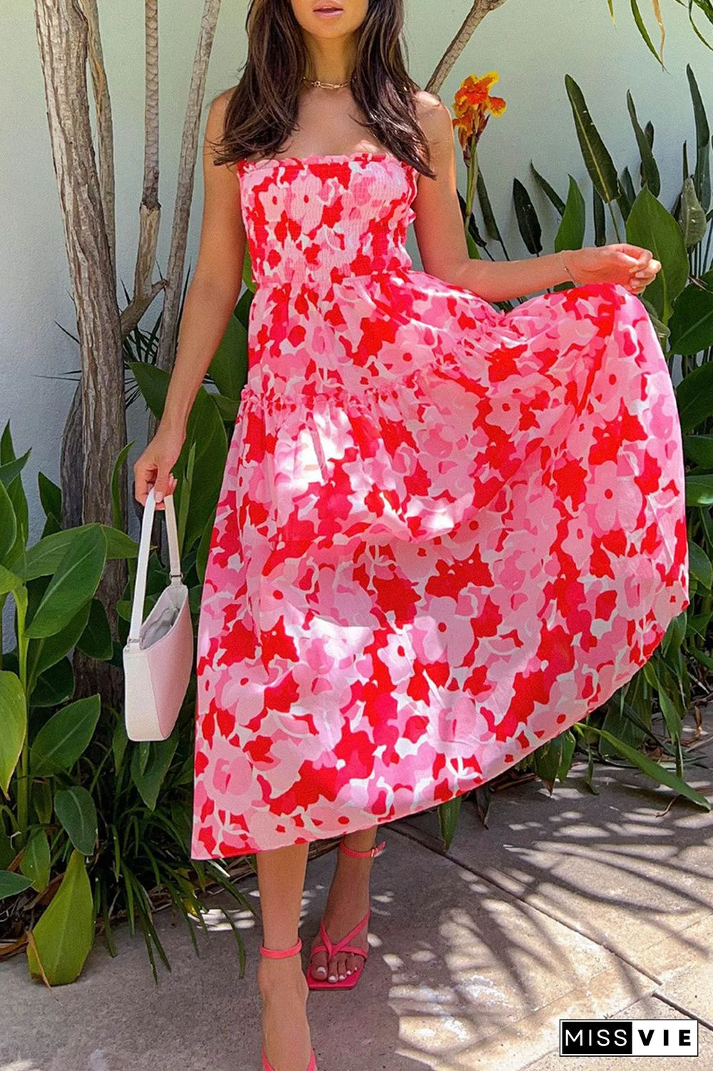 Fashion Print Split Joint Spaghetti Strap Cake Skirt Dresses