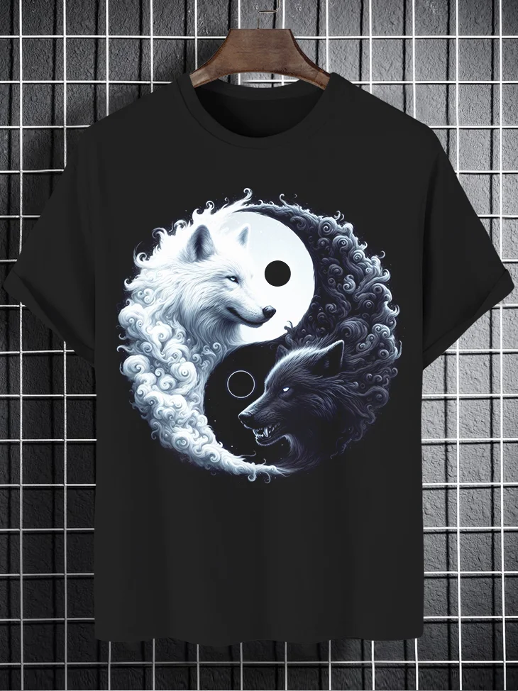 Men's Wolf Yin Yang Graphic Print T-Shirt