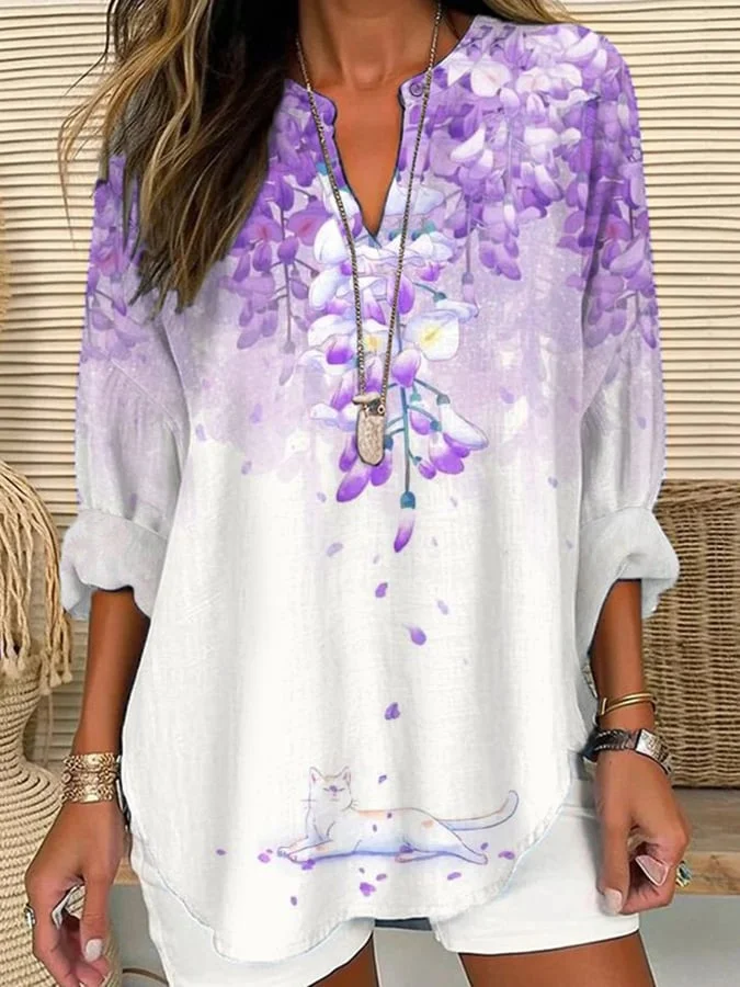 Women's Purple Floral Print Casual Long Sleeve V-Neck Shirt