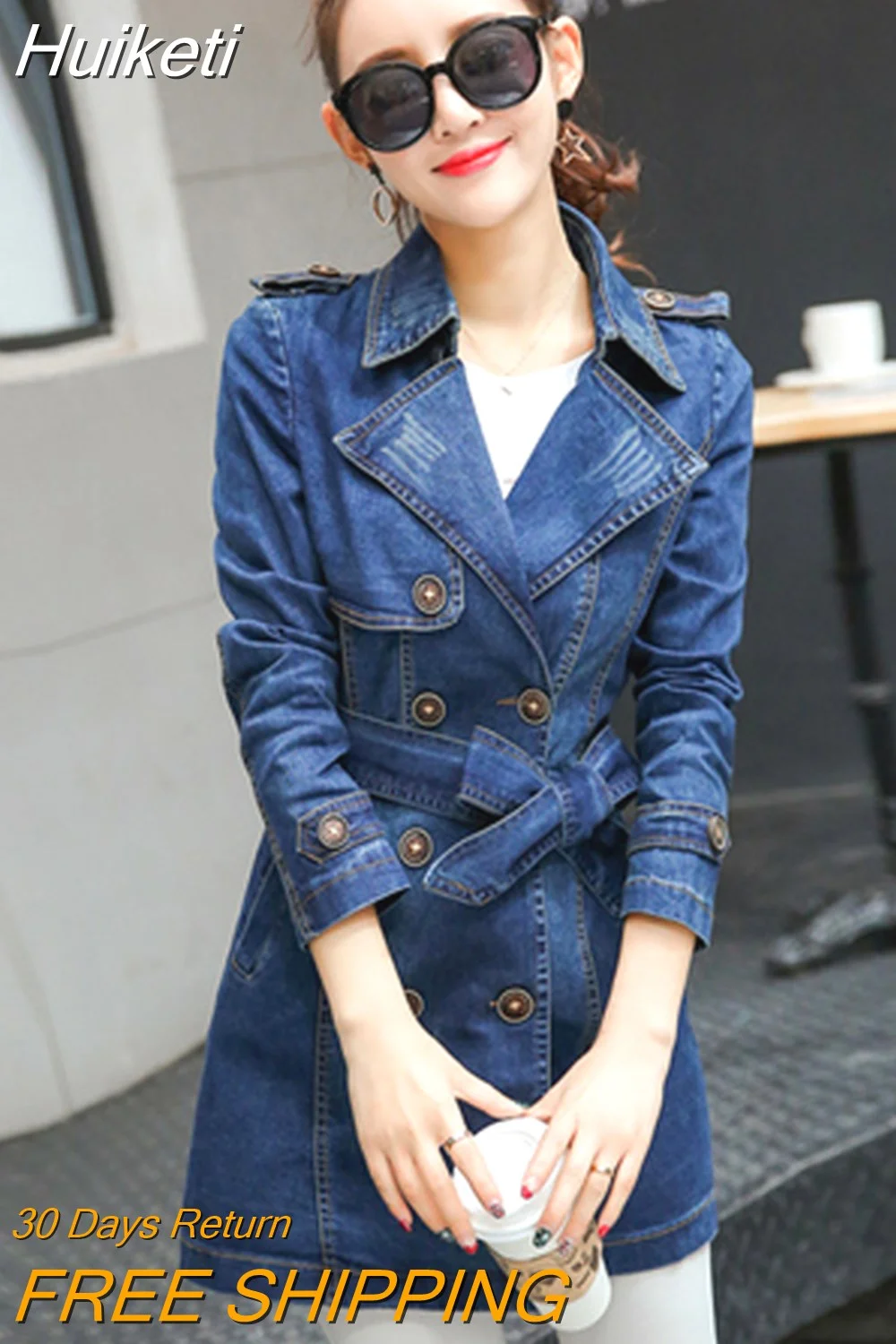 Huiketi Large Size Women Denim Trench Fashion Autumn Slim Korean Female Long Coat Long Sleeve Tunic Double Breasted Windbreaker