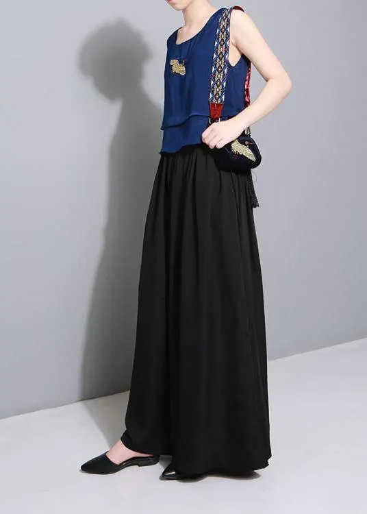 black elegant blended women trousers plus size elastic waist straight pants