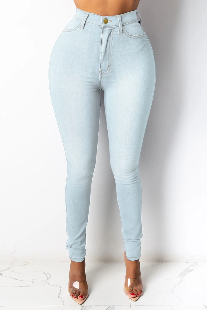 Light Blue Street Solid Buttons High Waist Regular Denim