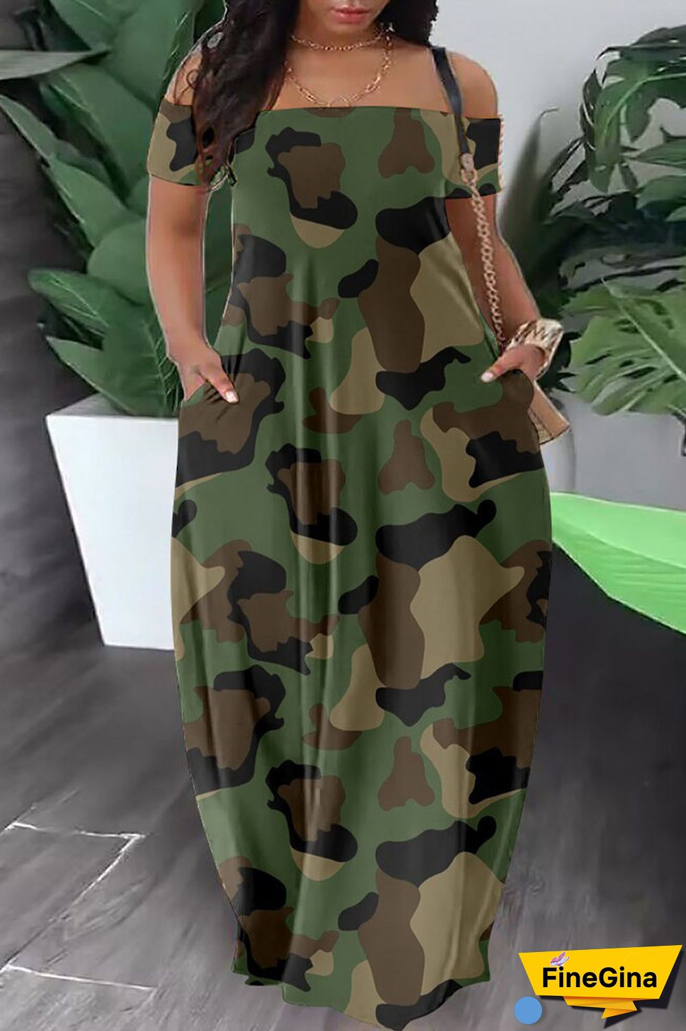 Army Green Casual Print Patchwork Pocket Off the Shoulder Lantern Dress Dresses
