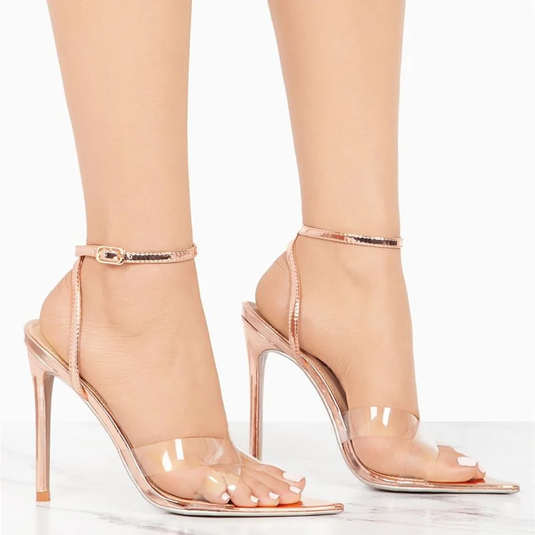 transparent Ankle Strap Heels Rose Gold Sandals Open Toe Jelly Sandals |FSJ Shoes