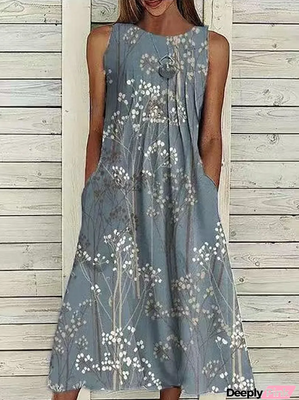 Women's Sleeveless Round Neck Flower Print Casual Pocket Dress
