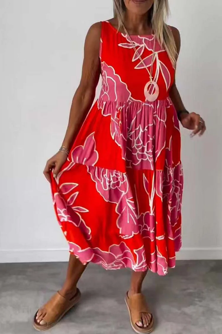 Sleeveless Round Neck Colorblock Floral Print Tiered Midi Dresses