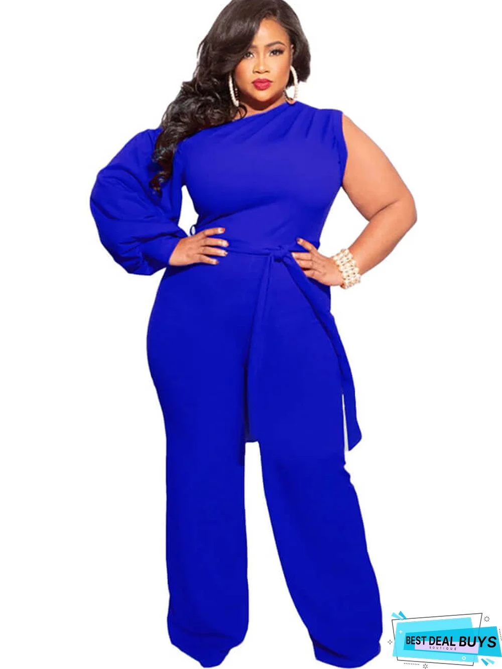 Plus Size Puff Sleeve Belted Wide Leg Pant Jumpsuits