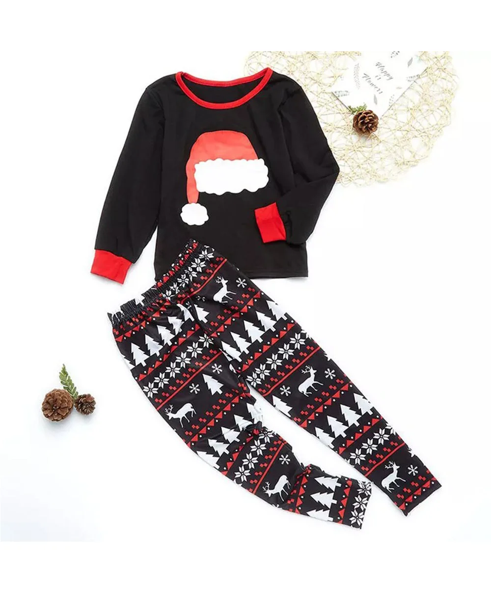 Black Santa Hat deer Print Christmas Pajamas