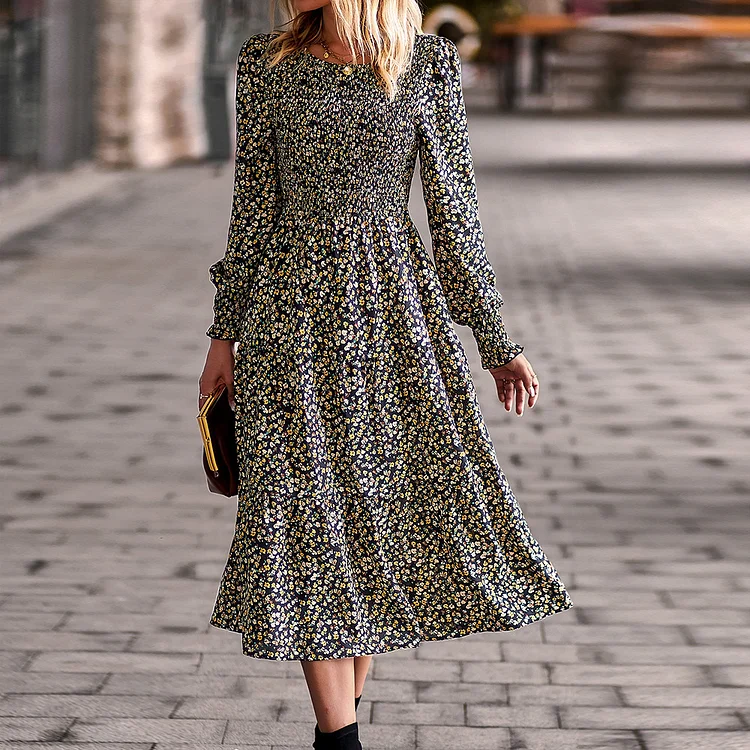 Fashion Casual Floral Retro Round Neck High Waist A-Line Pleated Midi Dress