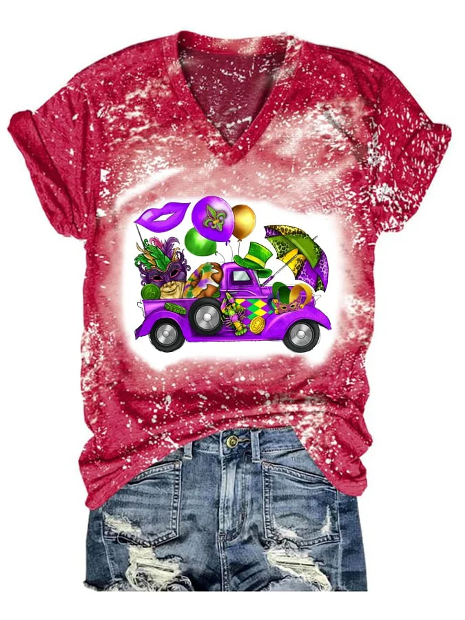 Tie Dye Mardi Gras Truck Print Short Sleeve T-Shirt socialshop