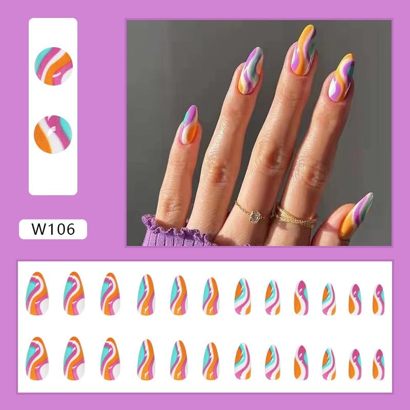 24Pcs Almond French False Nails With Glue Colorful Wavy Lines Design Acrylic Press On Nails Detachable Full Cover Manicure Tips