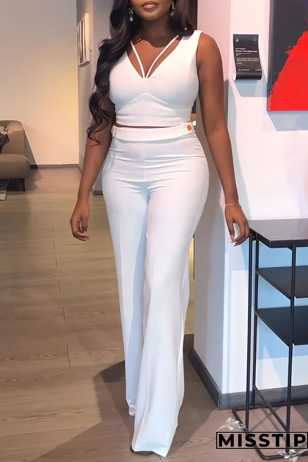 Black Casual Solid Patchwork V Neck Sleeveless Two Pieces