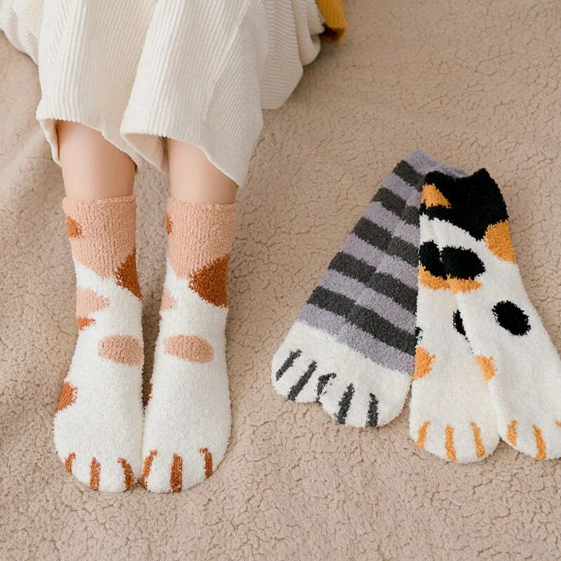 3 Pairs of Warm Cat Socks Fluffy Socks Soft Cat Paw Socks Cozy Socks Winter Plush Slipper Socks for Women