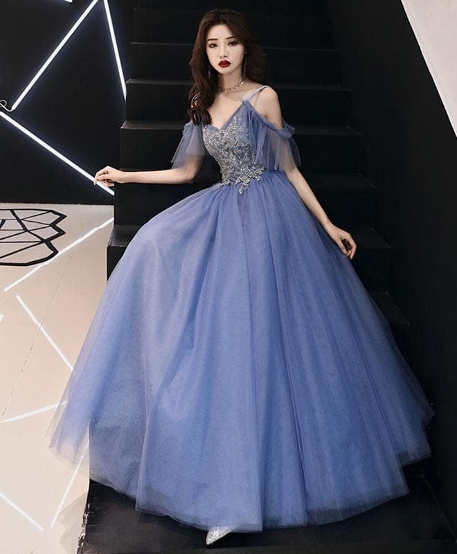 Blue V Neck Tulle Lace Long Prom Dress, Blue Tulle Evening Dress SP14763