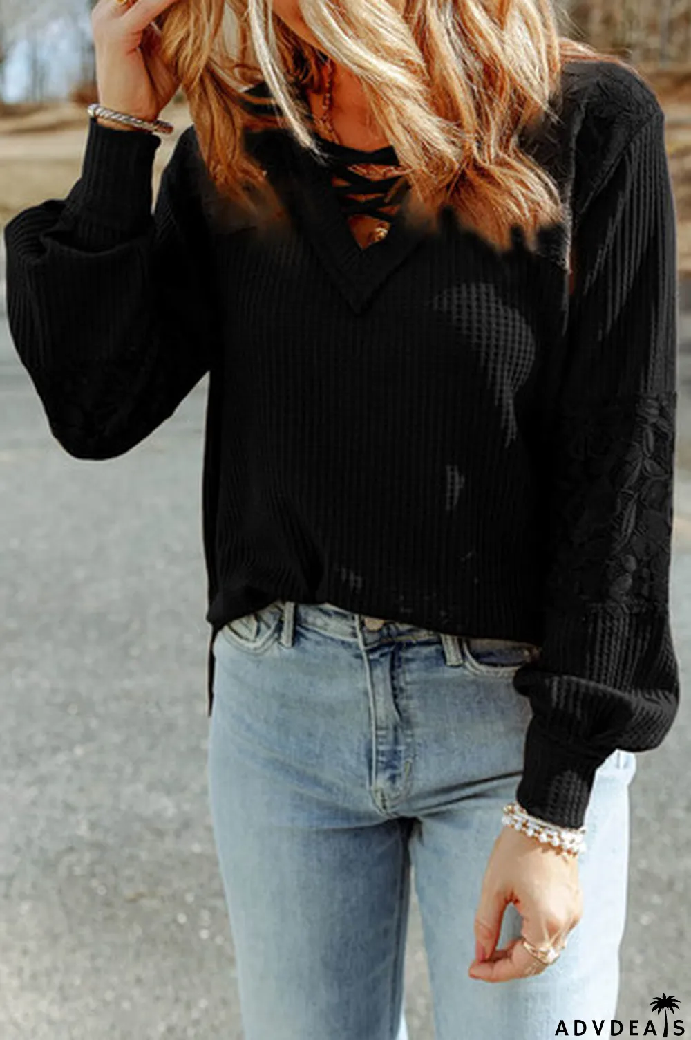 Black Lace Waffle Patchwork Strappy V Neck Long Sleeve Top