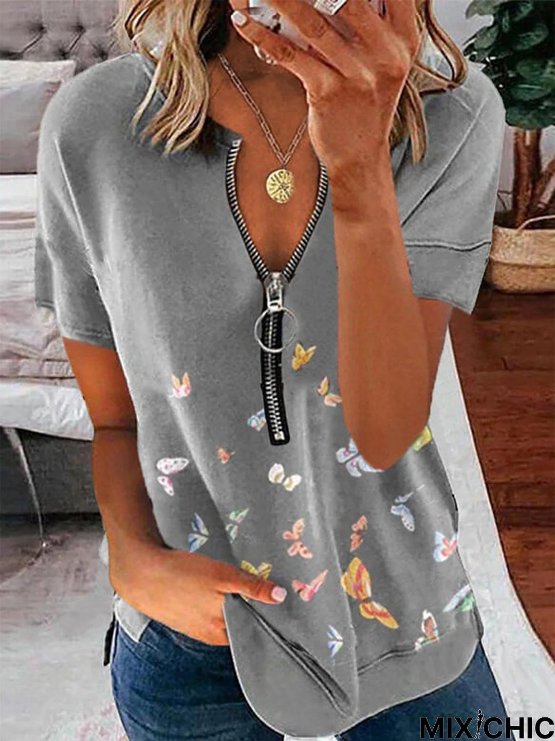 Vintage Short Sleeve Zipper V Neck Butterflies Printed Casual Top