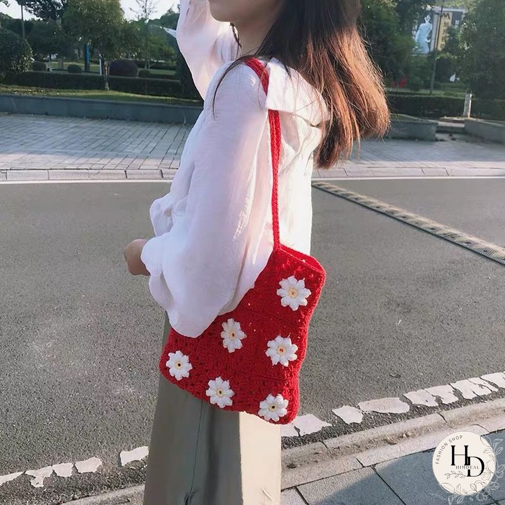 Multi Colors Hand Woven Knit Summer Sunflower Daisy Flowers Tote Bag