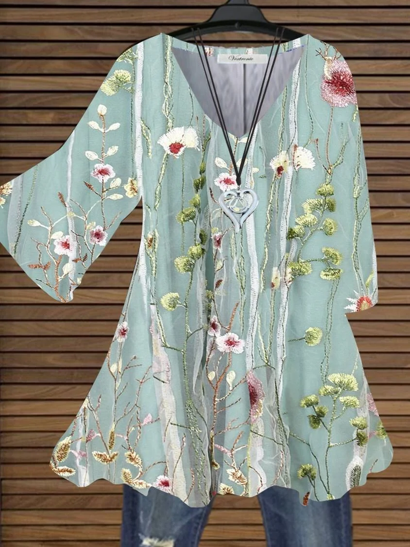 Women's Half Sleeve V-neck Floral Printed Tops Dress