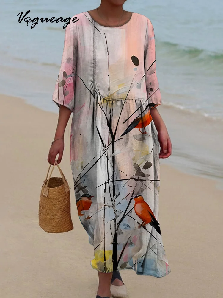 Simple Lively And Interesting Bird Printed Women's Casual Cotton And Linen Dress