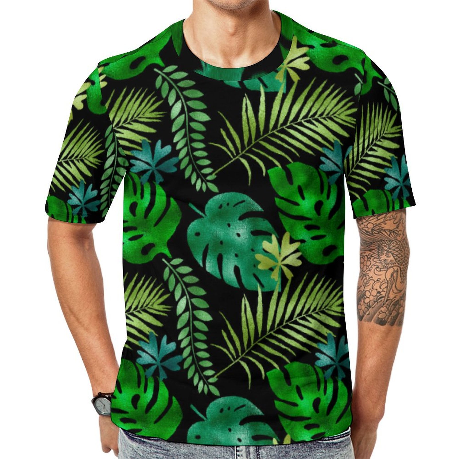 Tropical Leaves Green Black Iridescent Shiny Short Sleeve Print Unisex Tshirt Summer Casual Tees for Men and Women Coolcoshirts