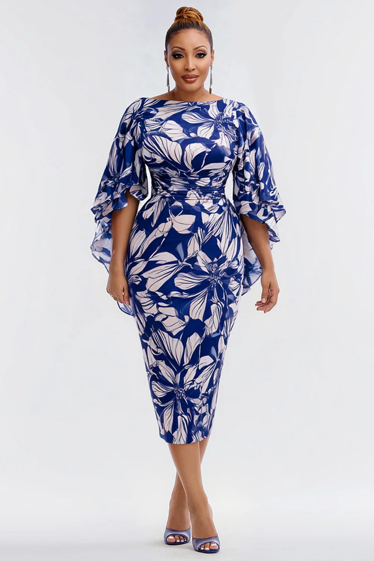 Xpluswear Design Plus Size Wedding Guest Blue Floral Round Neck Flare Half Sleeve Ruffle Bodycon Midi Dresses [Pre-Order] 2024 - Xpluswear