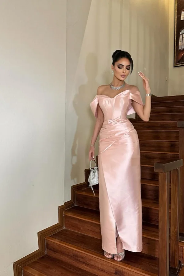 Delicate Pink Off-The-Shoulder Pleated Split Satin Prom Dress YK0076