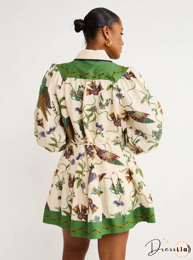 Single-breasted Lantern Sleeve Graffiti Print Lace-up Waist Maxi Dress