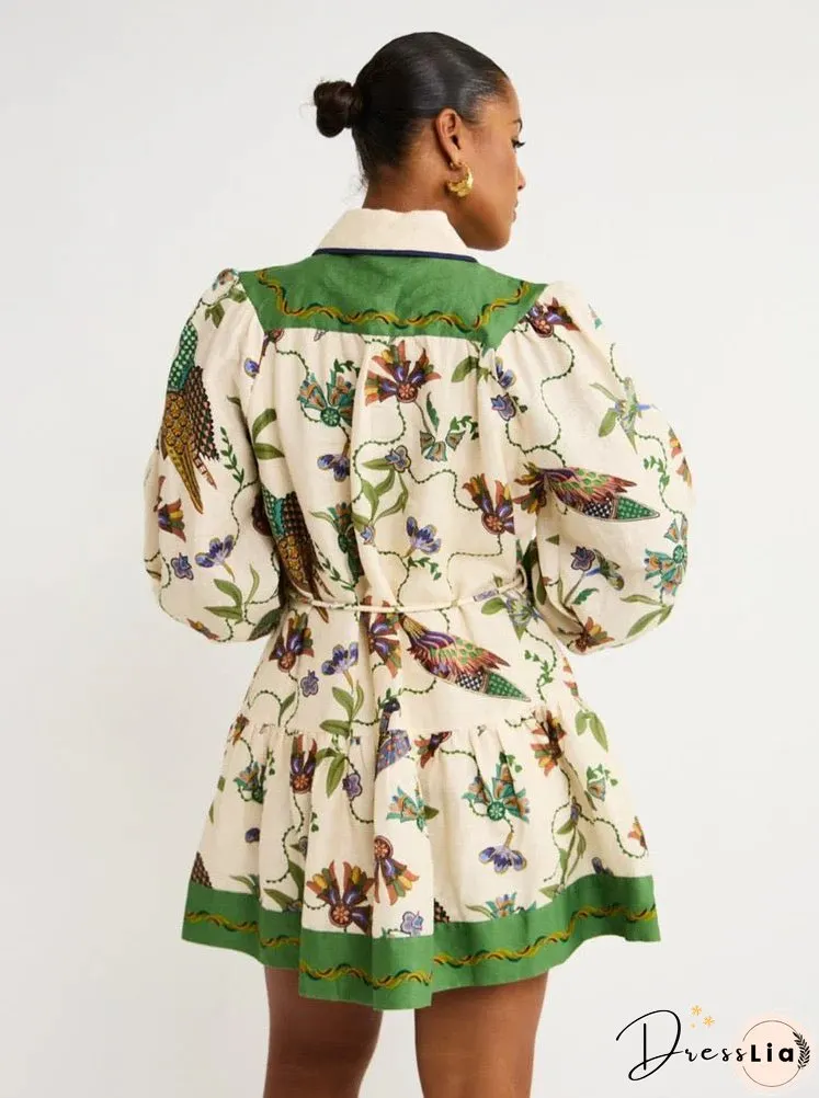 Single-breasted Lantern Sleeve Graffiti Print Lace-up Waist Maxi Dress