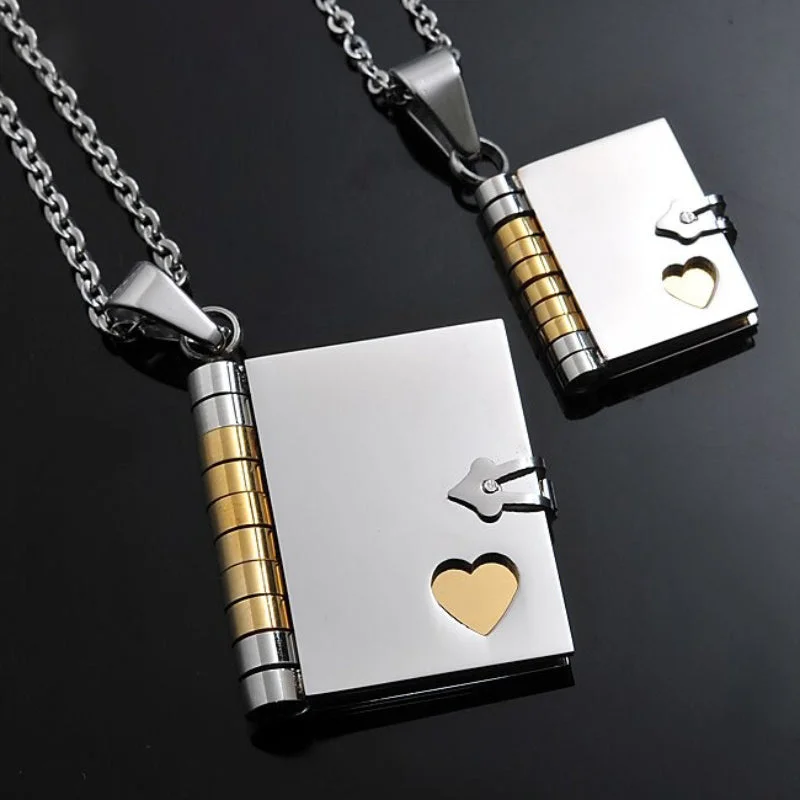 His and Hers Openable Love Letter Book Matching Pendant Necklace