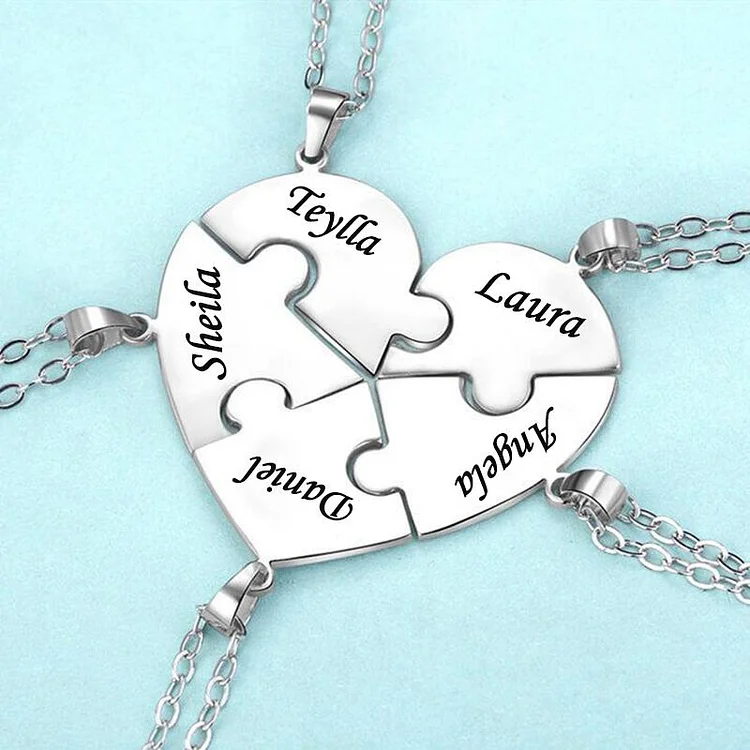 Personalized Heart Puzzle Piece Necklace 5 Name Necklaces, Custom Necklaces with Name