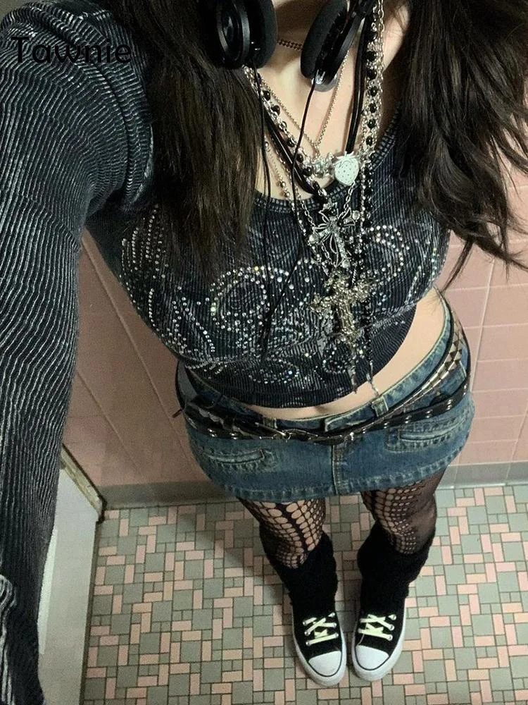 Tawnie Y2K Graphic Rhinestone Print Women T Shirt 2022 Spring Grunge Aesthetic Fairycore Crop Tops O Neck Long Sleeve Tee Top