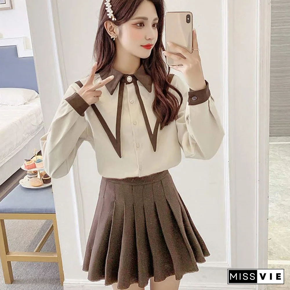 Lapel Shirt Pleated Skirt Two Piece Set