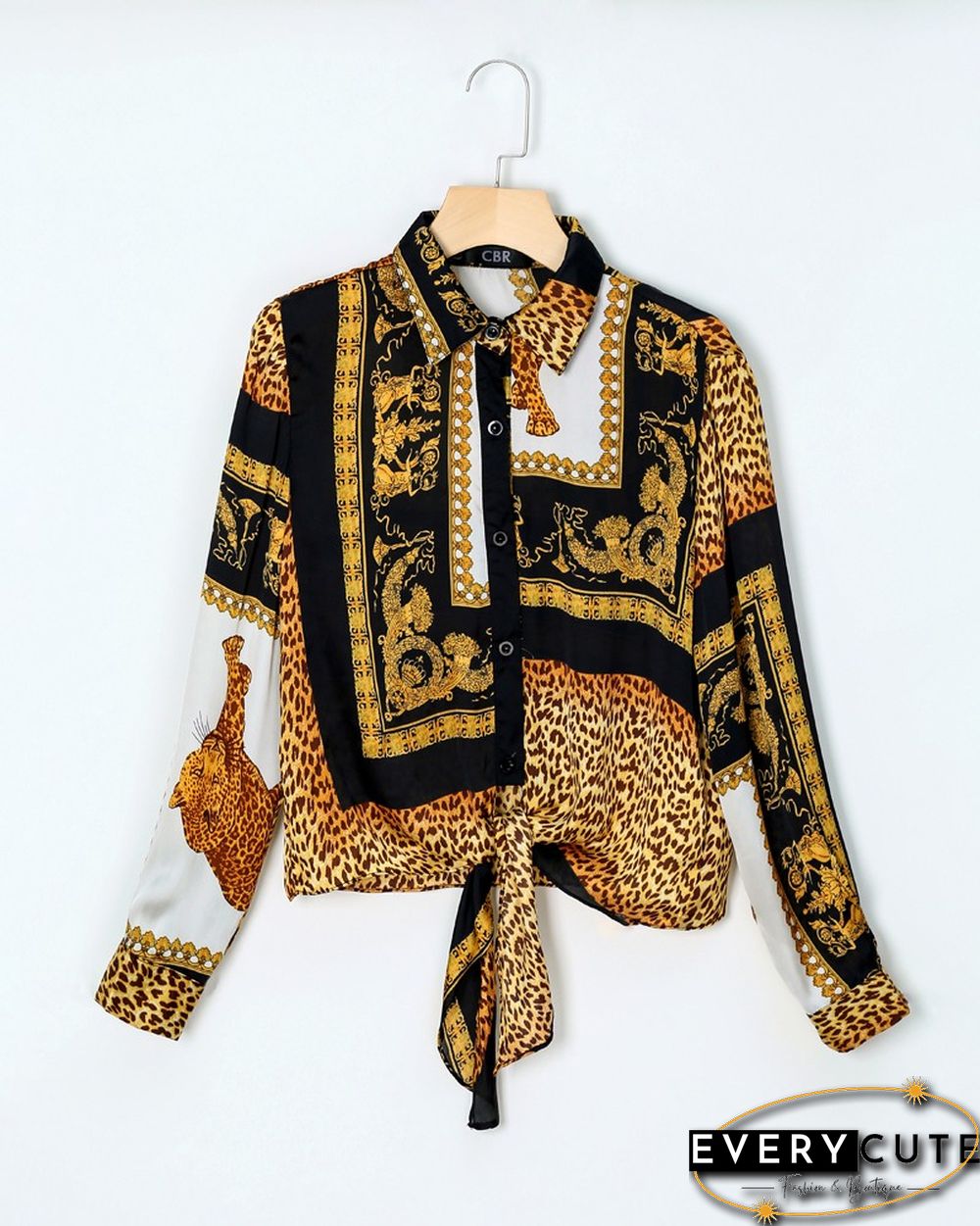 Leopard Print Knot Front Long Sleeve Blouse