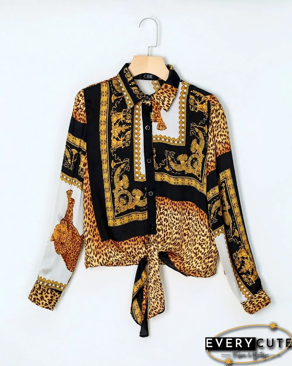 Leopard Print Knot Front Long Sleeve Blouse