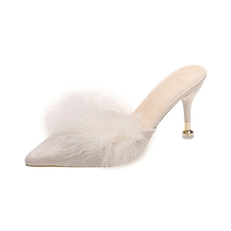 Yyvonne Large-Size Hairy High Heel Shoes Female Tip Fine Heel Bun Head Half Drag Sexy Fashion Wear Cold Drag