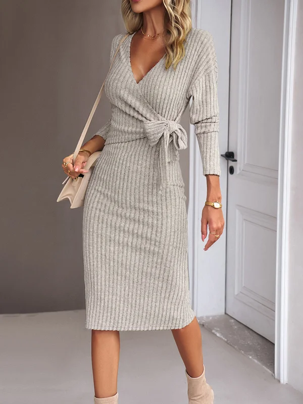 High Waisted Long Sleeves Asymmetric Solid Color Tied Waist Deep V-Neck Midi Dresses Sweater Dresses