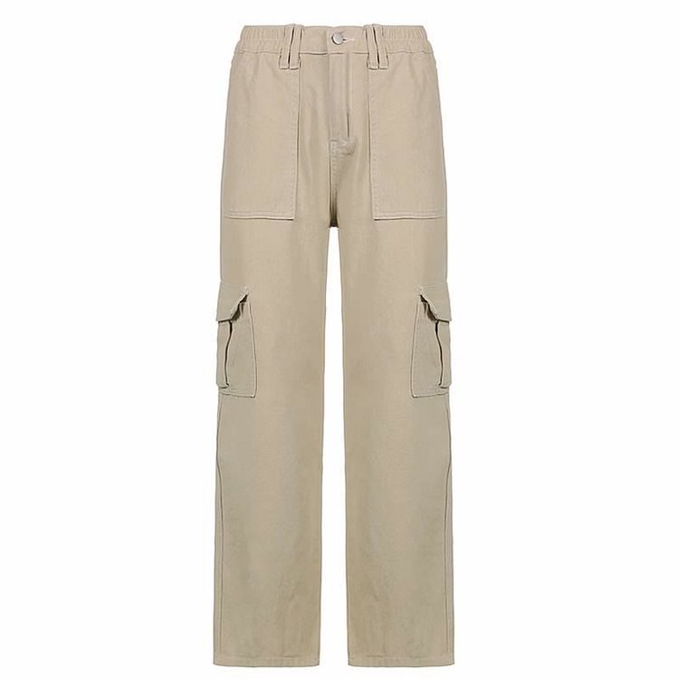 Vintage Pure Color Straight Cargo Denim Pants - Modakawa Modakawa