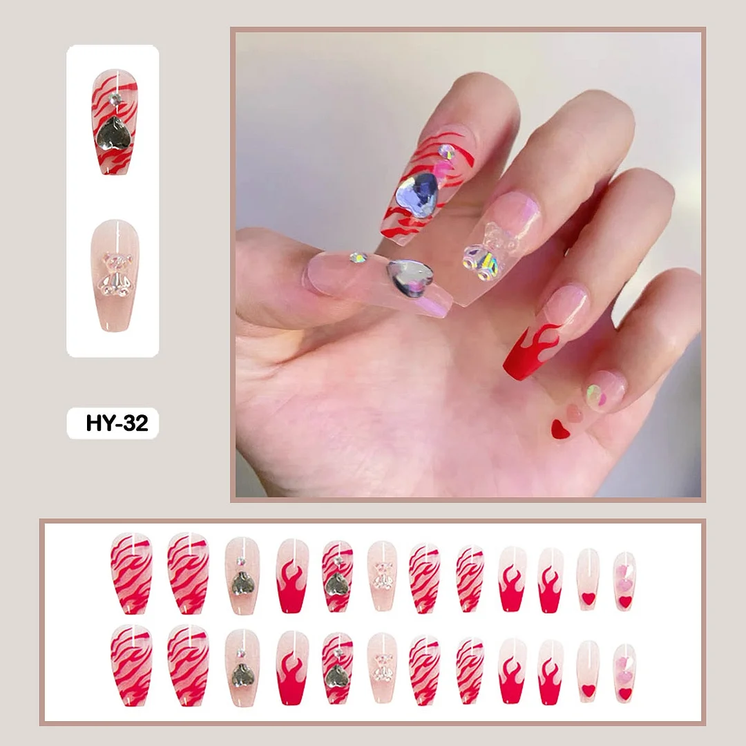 24PCS False Nails with Glue Rhinestones Long Detachable Fire Stick on Nails Coffin Flame Press on Nails Art DIY Manicure Tool-Nail Inspo