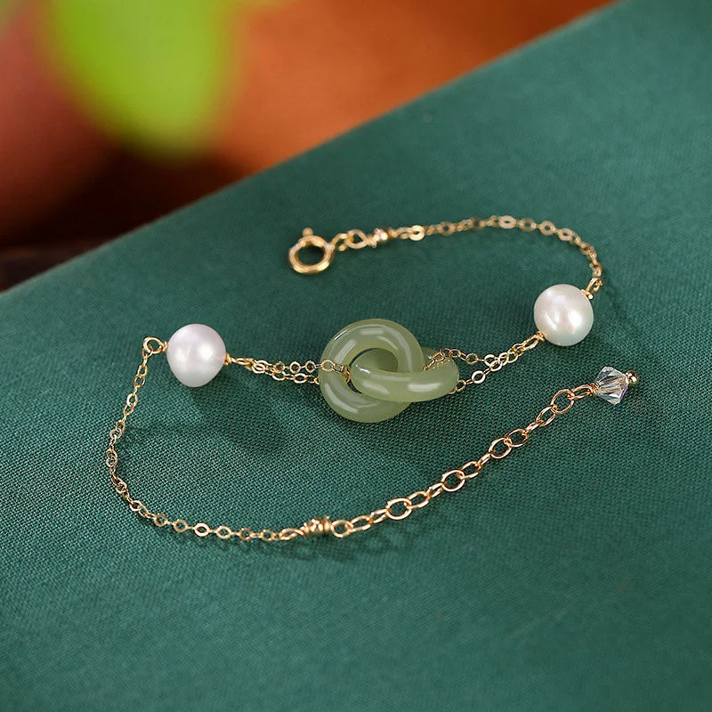 Cyan Jade Pearl Peace Buckle 925 Sterling Silver Luck Bracelet Pendant Necklace