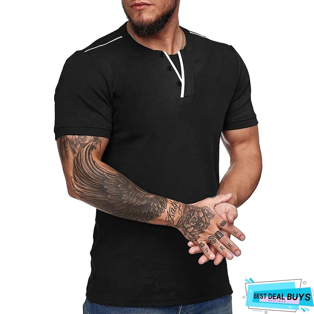 Men's Short Sleeve T-Shirt V-Neck Henry T-Shirt Men's Wear