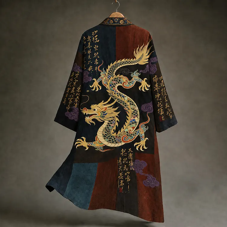 Men's Vintage Japanese Calligraphy Dragon Art Pattern Linen Blend Kimono