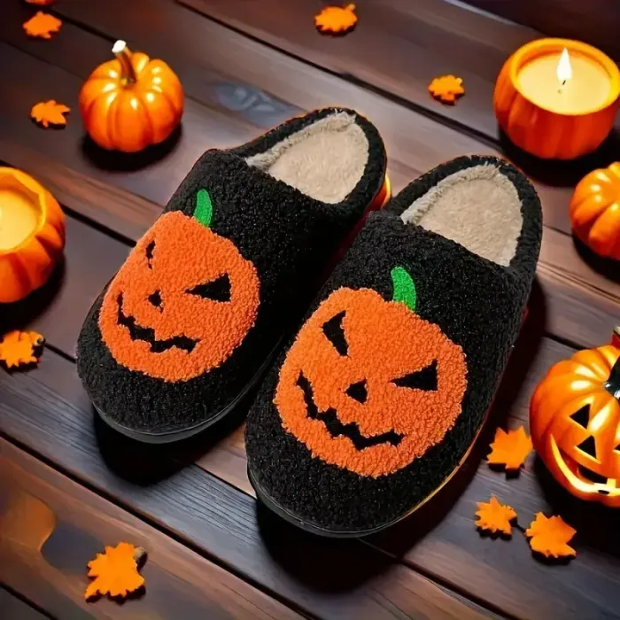 Loveyoufancy Halloween Skull Pumpkin Plush Slippers for Women Men Anti-slip Soft Sole House Shoes