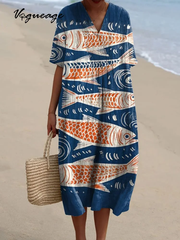 Fashion Simple Hand Drawn Colorful Fish Printed Women's Casual Cotton And Linen Dress