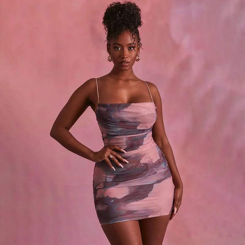 wsevypo Party Club Sheath Dress Summer Women's Suspender Ruched Draped Mini Bodycon Dress Sexy Low Cut Backless Sundress