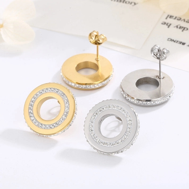 1 Pair Minimalist Round Solid Color Inlay Stainless Steel Crystal Rhinestones 18K Gold Plated Ear Studs