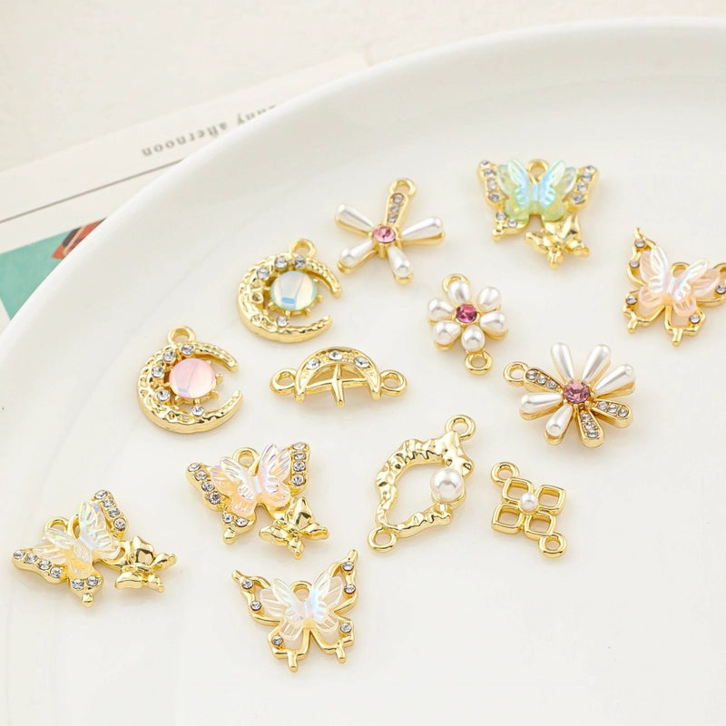 5 PCS/Package 20 * 23mm Alloy Artificial Pearls Rhinestones Flower Butterfly Pendant Jewelry Accessories