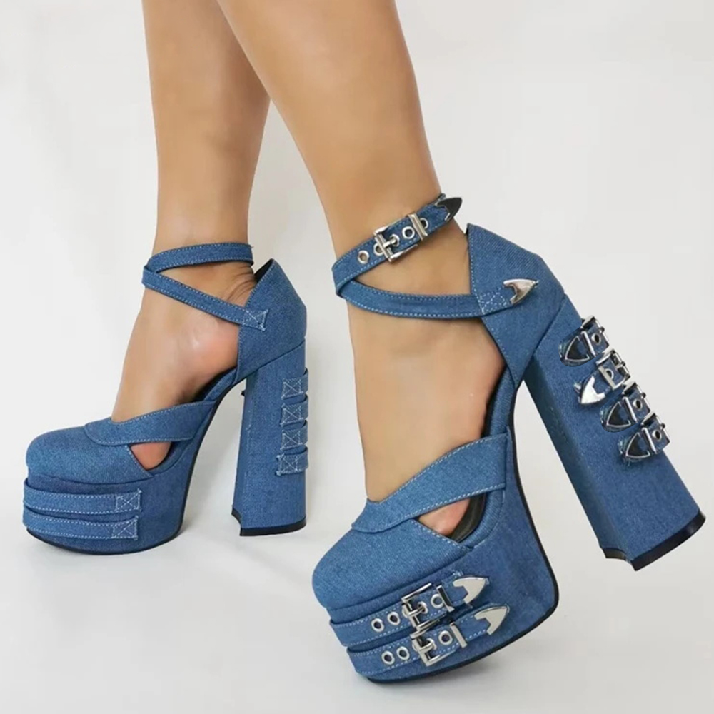 Blue Denim Platform Pumps Buckle Grommet Strap Fashion Chunky Heels Nicepairs