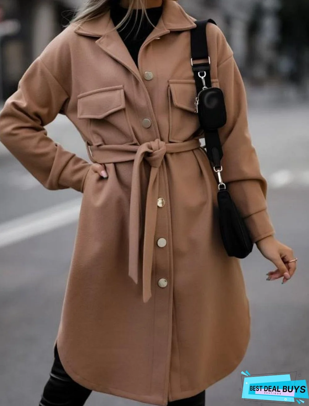 Fashion Plain Lapel Belted Woolen Coat